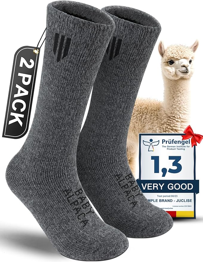 Thick Juclise alpaca wool boot socks for men and women, designed for cold weather hiking.
